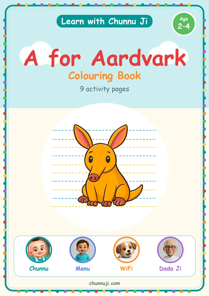 Cover of the free A for Aardvark colouring book by Chunnu Ji, an orange aardvark, ages 2–4