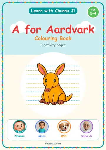 Cover of the free A for Aardvark colouring book by Chunnu Ji, an orange aardvark, ages 2–4