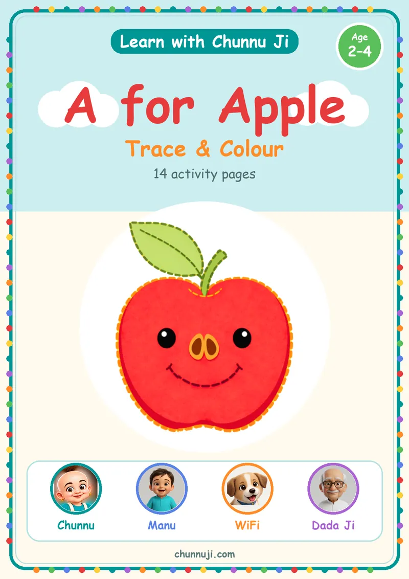 Cover of the free A for Apple trace and colour book by Chunnu Ji, a smiling red apple, ages 2–4