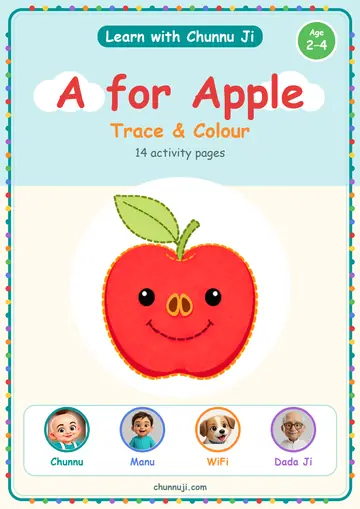 Cover of the free A for Apple trace and colour book by Chunnu Ji, a smiling red apple, ages 2–4