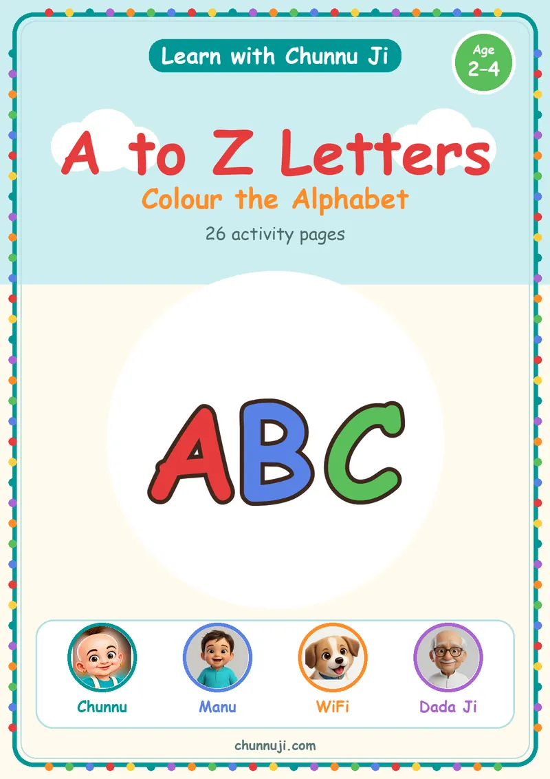Cover of the free A to Z Letters colour-the-alphabet book by Chunnu Ji, big colourful capital letters
