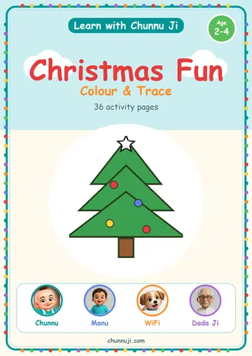 Cover of the free Christmas Fun book by Chunnu Ji, Christmas pictures to colour and trace, ages 2–4
