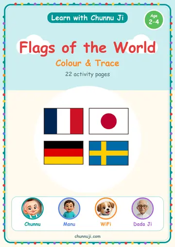 Cover of the free Flags of the World colouring book by Chunnu Ji, world flags to colour, ages 2–4