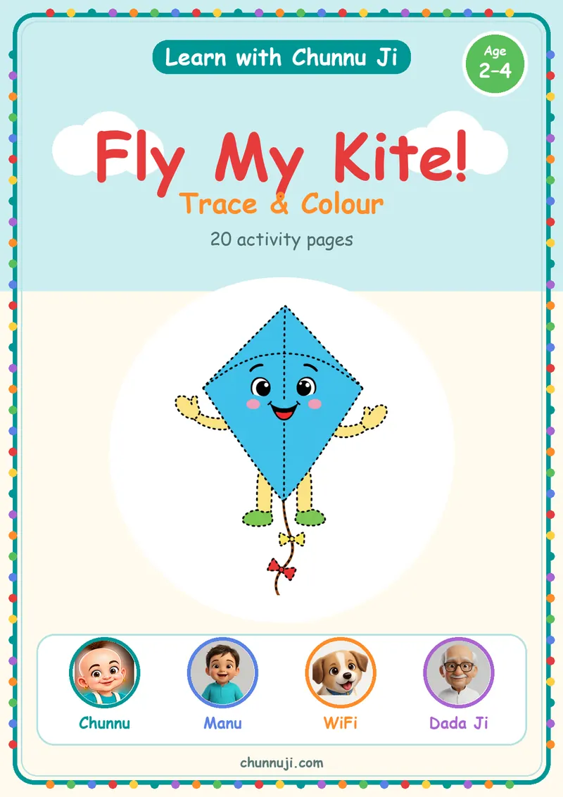 Cover of the free Fly My Kite! colouring book by Chunnu Ji, a smiling blue kite, ages 2–4