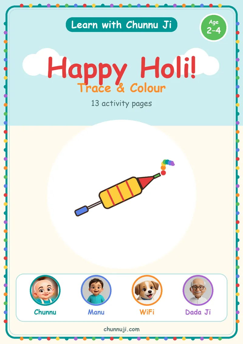 Cover of the free Happy Holi book by Chunnu Ji, a colourful pichkari water gun, ages 2–4
