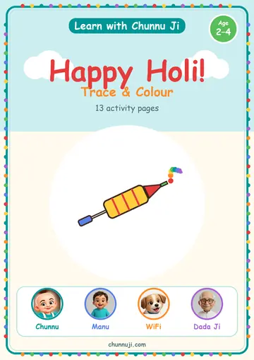Cover of the free Happy Holi book by Chunnu Ji, a colourful pichkari water gun, ages 2–4