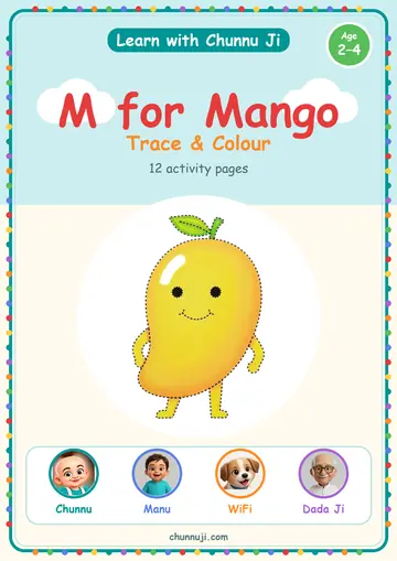 Cover of the free M for Mango trace and colour book by Chunnu Ji, a smiling yellow mango, ages 2–4