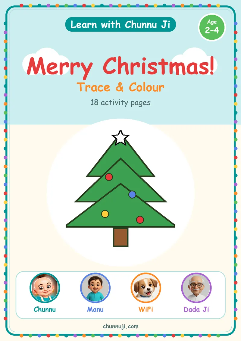 Cover of the free Merry Christmas colour and learn book by Chunnu Ji, Santa and a Christmas tree, ages 2–4
