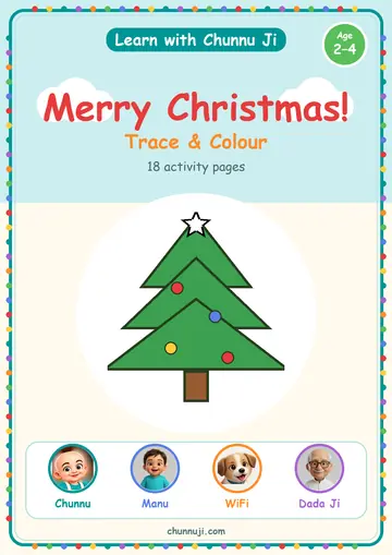 Cover of the free Merry Christmas colour and learn book by Chunnu Ji, Santa and a Christmas tree, ages 2–4