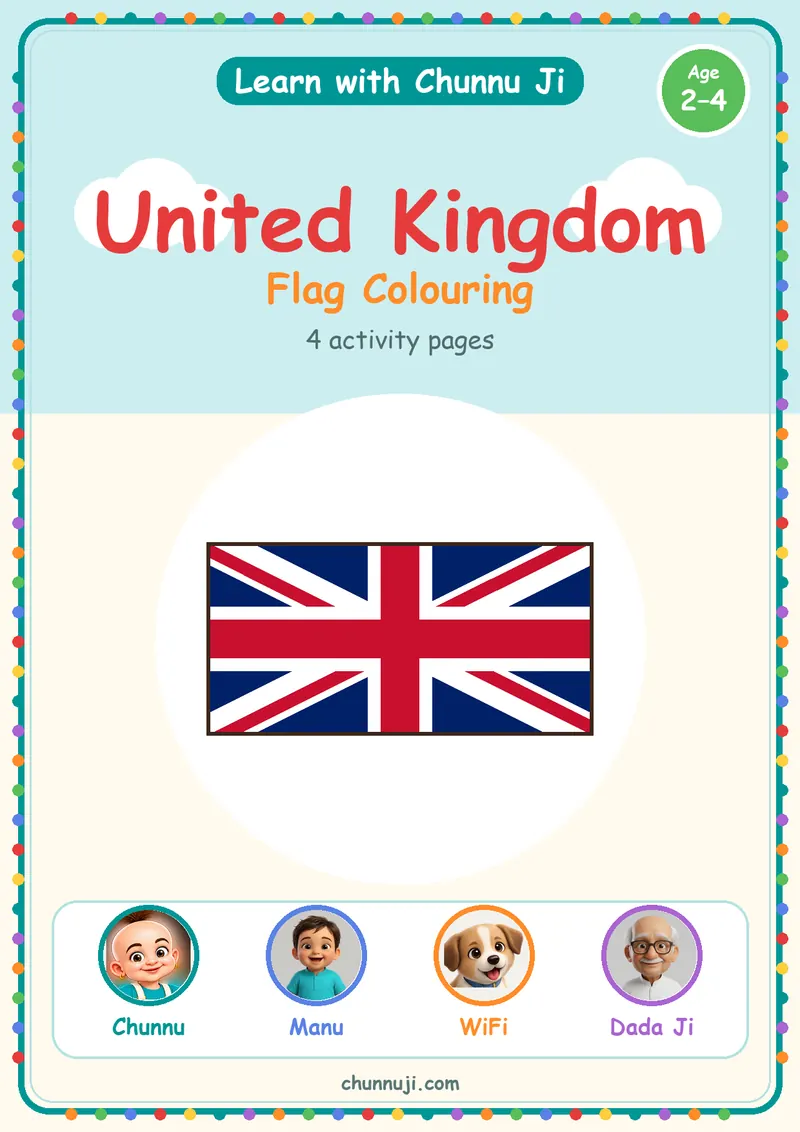 Cover of the free My Country: United Kingdom colouring book by Chunnu Ji, the Union Jack to colour, ages 2–4