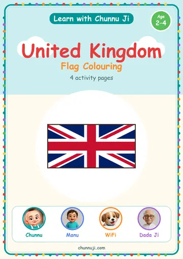 Cover of the free My Country: United Kingdom colouring book by Chunnu Ji, the Union Jack to colour, ages 2–4