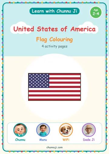 Cover of the free My Country: USA colouring book by Chunnu Ji, the US flag to colour, ages 2–4