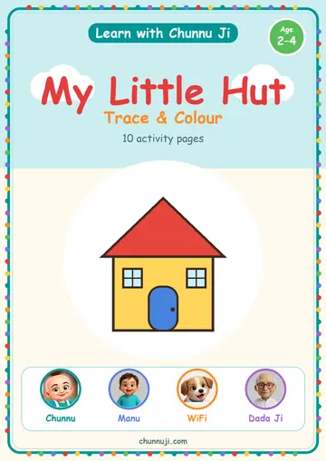 Cover of the free My Little Hut trace and colour book by Chunnu Ji, a yellow hut with a red roof, ages 2–4