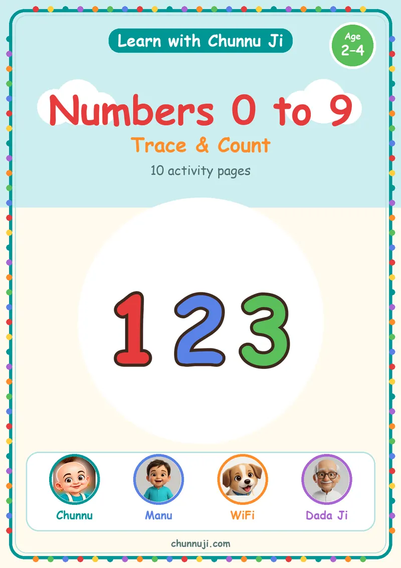 Cover of the free Numbers 0 to 9 trace and count book by Chunnu Ji, colourful digits 0 to 9