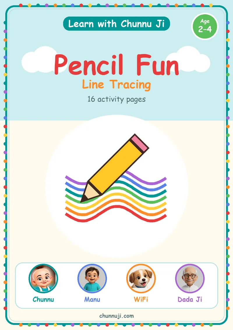 Cover of the free Pencil Fun line tracing book by Chunnu Ji, a yellow pencil drawing rainbow lines, ages 2–4