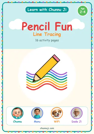 Cover of the free Pencil Fun line tracing book by Chunnu Ji, a yellow pencil drawing rainbow lines, ages 2–4