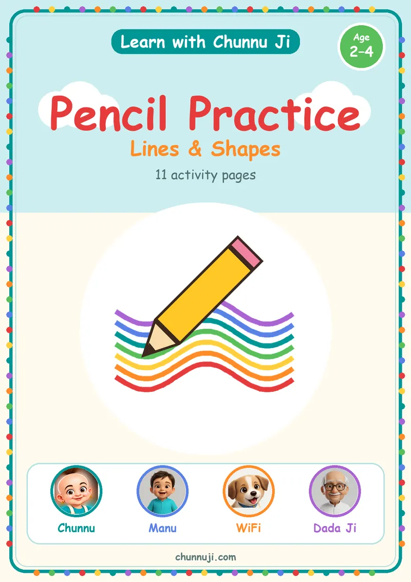 Cover of the free Pencil Practice book by Chunnu Ji, dotted lines and shapes to trace, ages 2–4
