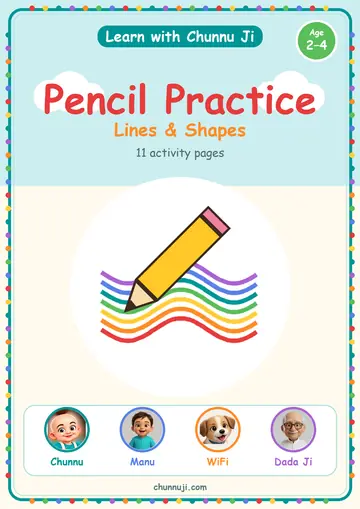 Cover of the free Pencil Practice book by Chunnu Ji, dotted lines and shapes to trace, ages 2–4