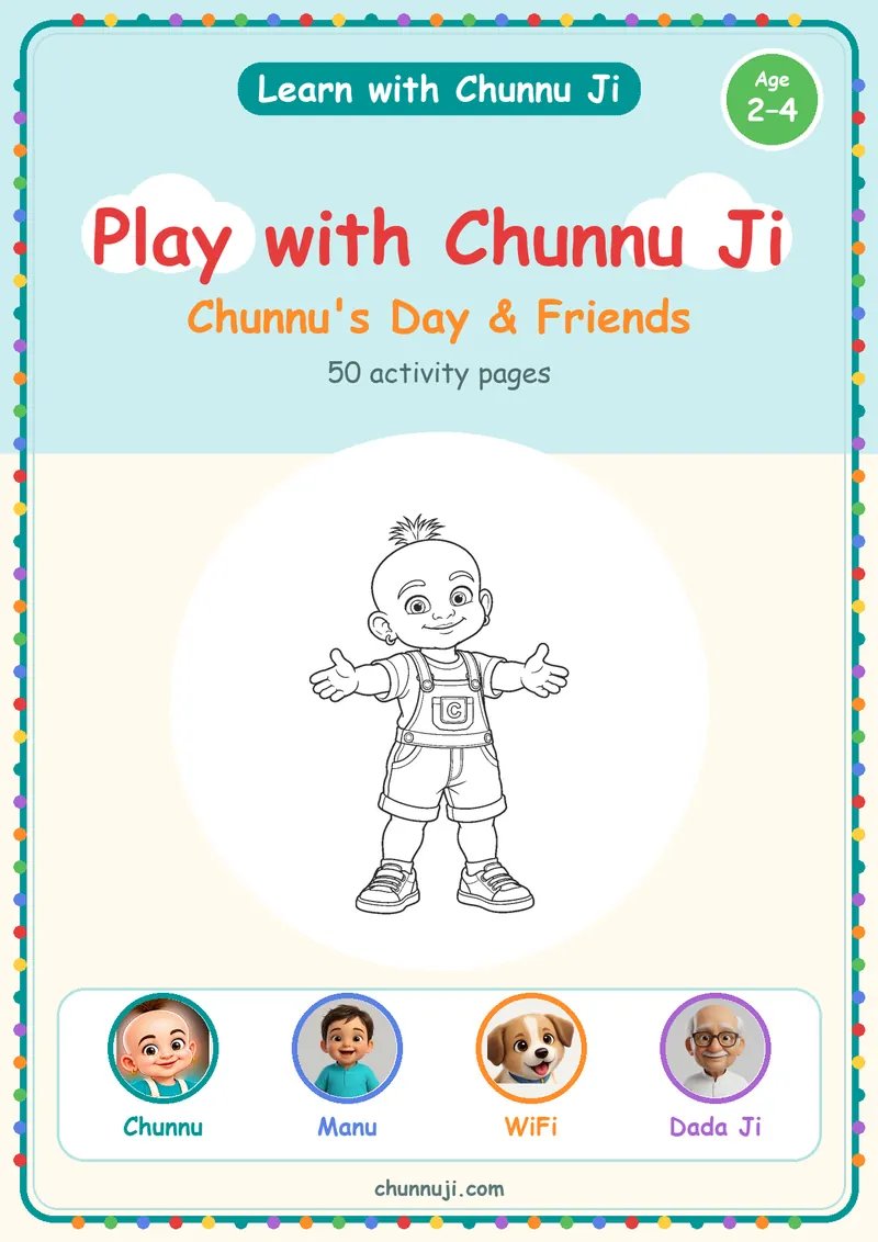 Cover of the free Play with Chunnu Ji activity book, Chunnu with animals and stars to colour