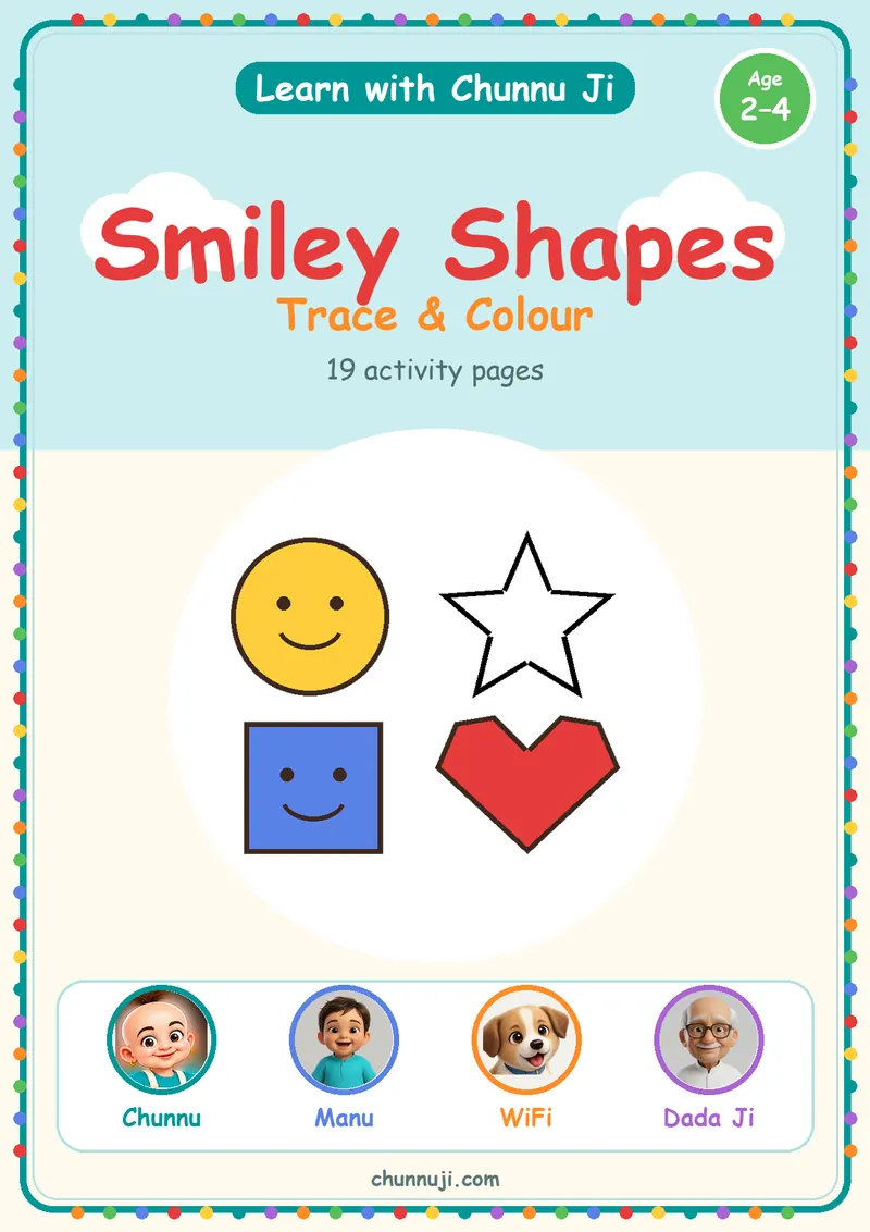 Cover of the free Smiley Shapes book by Chunnu Ji, smiling colourful shapes, ages 2–4