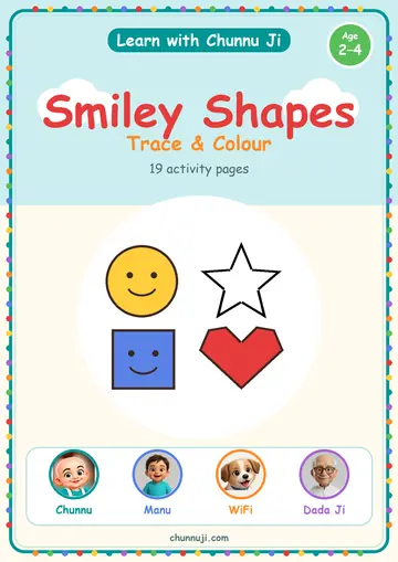 Cover of the free Smiley Shapes book by Chunnu Ji, smiling colourful shapes, ages 2–4